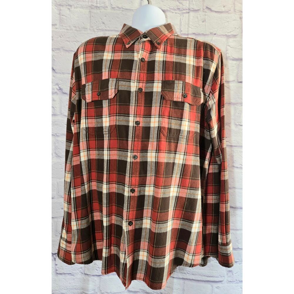Faded Glory Orange Brown Plaid Flannel Button Up Men's Shirt Large